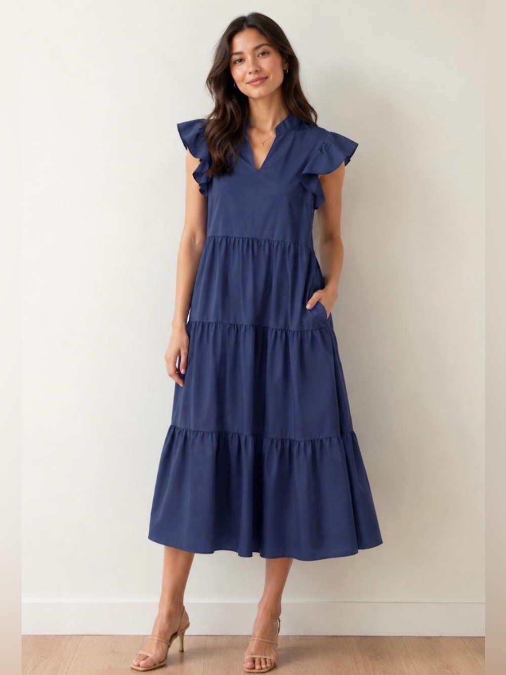 Blue Tiered Ruffle Sleeve Women's Dress